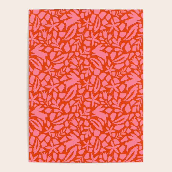 Folk Art Bunnies - Tomato and Pink Poster Gallery Image 4
