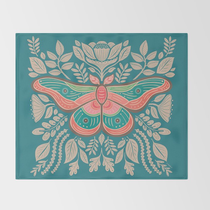 Moth Floral | Teal Throw Blanket Gallery Image 2