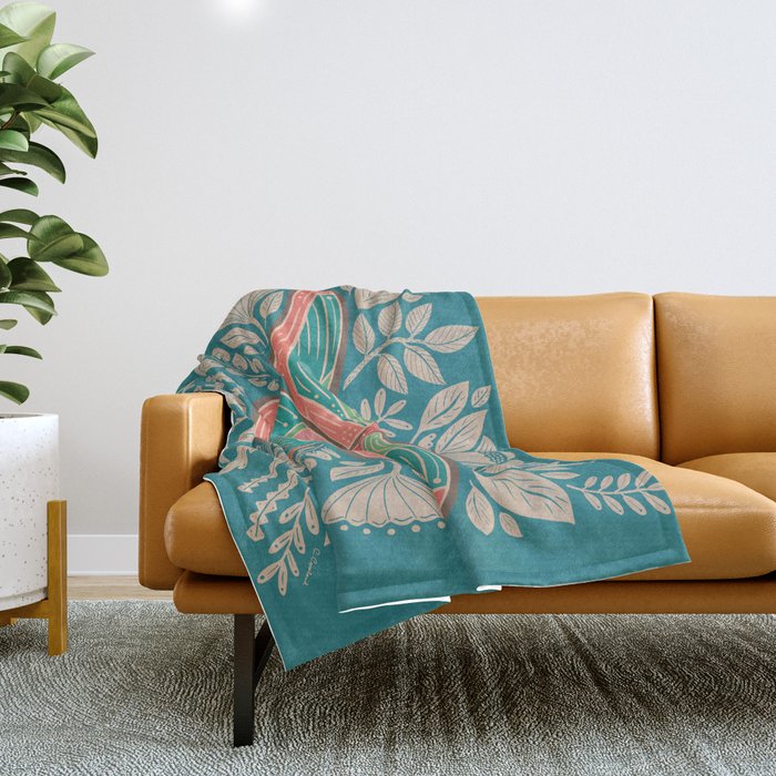 Moth Floral | Teal Throw Blanket Gallery Image 1