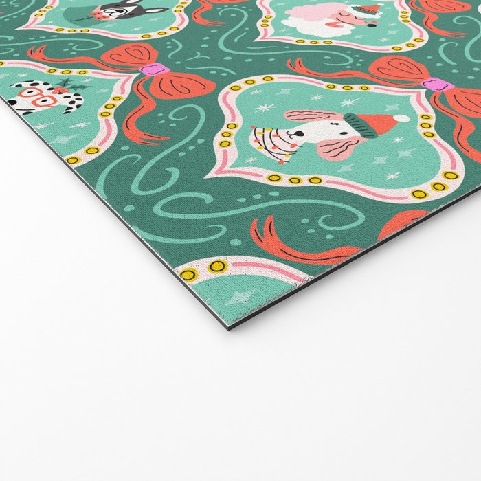 Christmas Dogs Festive Furry Holiday Ornaments Damask Dark Green  Welcome Mat Gallery Image 2