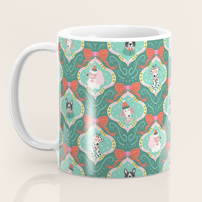 Christmas Dogs Festive Furry Holiday Ornaments Damask Dark Green  Coffee Mug Gallery Image 3