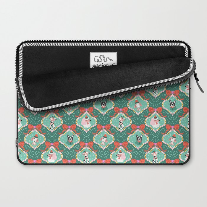 Christmas Dogs Festive Furry Holiday Ornaments Damask Dark Green  Laptop Sleeve Gallery Image 2