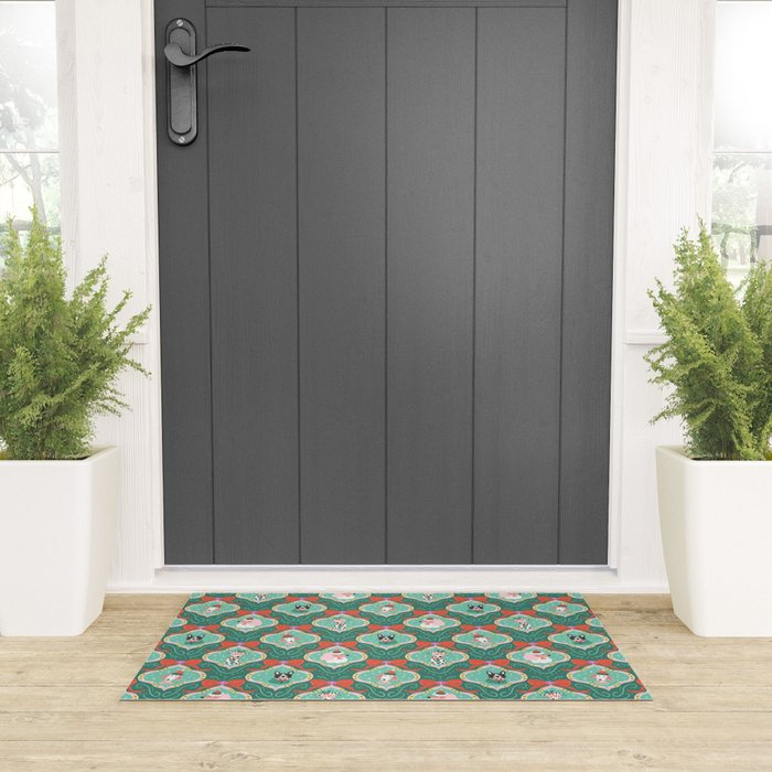 Christmas Dogs Festive Furry Holiday Ornaments Damask Dark Green  Welcome Mat Gallery Image 3