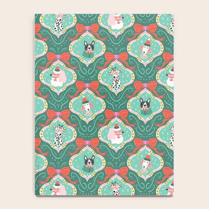Christmas Dogs Festive Furry Holiday Ornaments Damask Dark Green  Notebook Gallery Image 4