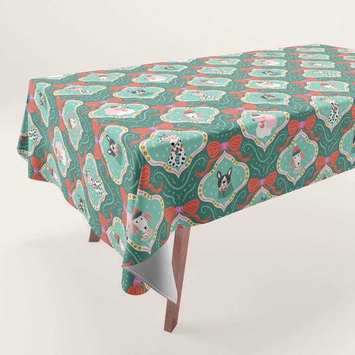 Christmas Dogs Festive Furry Holiday Ornaments Damask Dark Green  Tablecloth Gallery Image 1