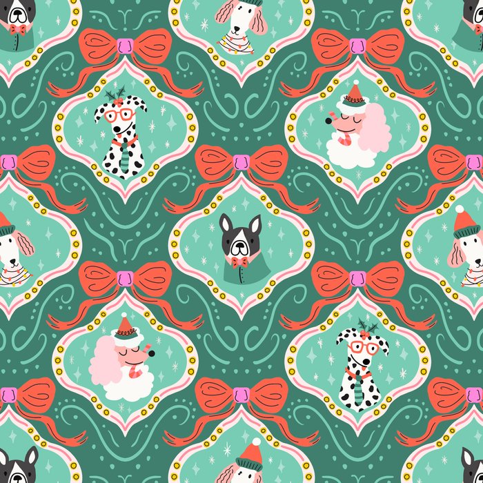 Christmas Dogs Festive Furry Holiday Ornaments Damask Dark Green  Coffee Mug Gallery Image 2