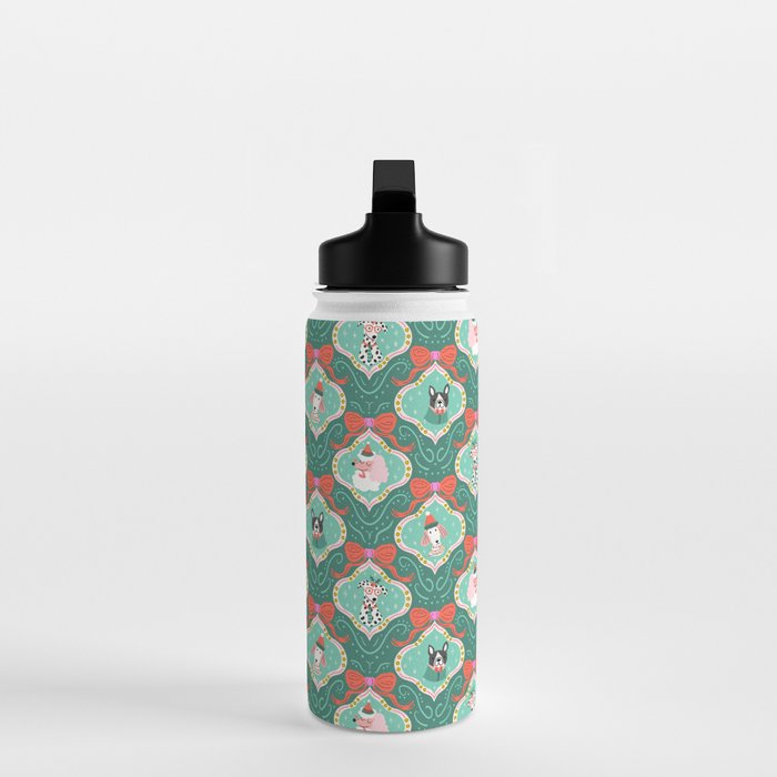 Christmas Dogs Festive Furry Holiday Ornaments Damask Dark Green  Water Bottle Gallery Image 3