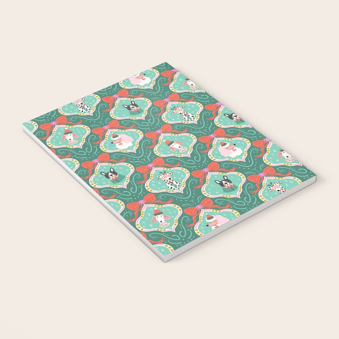 Christmas Dogs Festive Furry Holiday Ornaments Damask Dark Green  Notebook Gallery Image 3