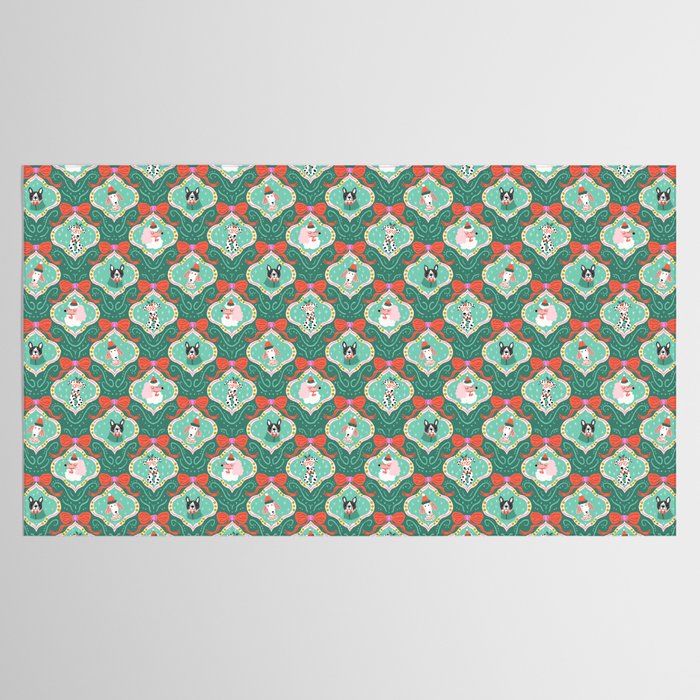 Christmas Dogs Festive Furry Holiday Ornaments Damask Dark Green  Tablecloth Gallery Image 2