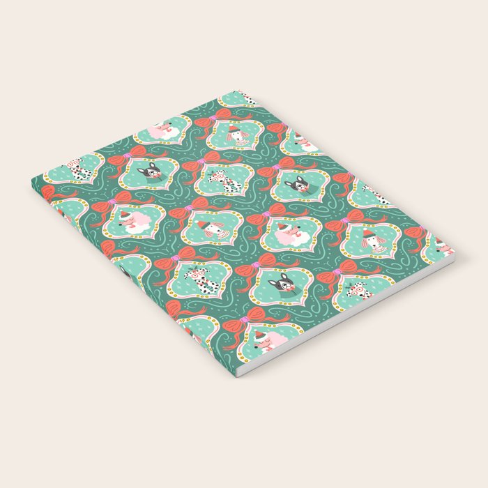 Christmas Dogs Festive Furry Holiday Ornaments Damask Dark Green  Notebook Gallery Image 2