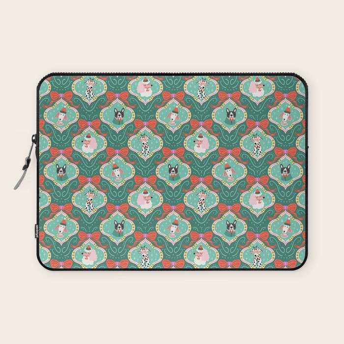 Christmas Dogs Festive Furry Holiday Ornaments Damask Dark Green  Laptop Sleeve Gallery Image 1
