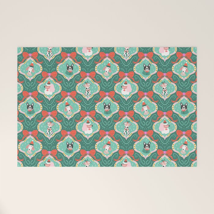 Christmas Dogs Festive Furry Holiday Ornaments Damask Dark Green  Welcome Mat Gallery Image 1
