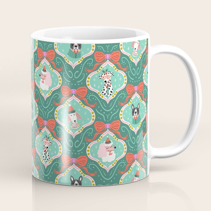 Christmas Dogs Festive Furry Holiday Ornaments Damask Dark Green  Coffee Mug Gallery Image 1