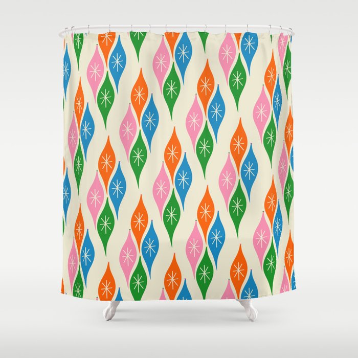 Colorful Christmas Mid Century Modern Retro Ornaments Atomic Pattern Shower Curtain Gallery Image 1