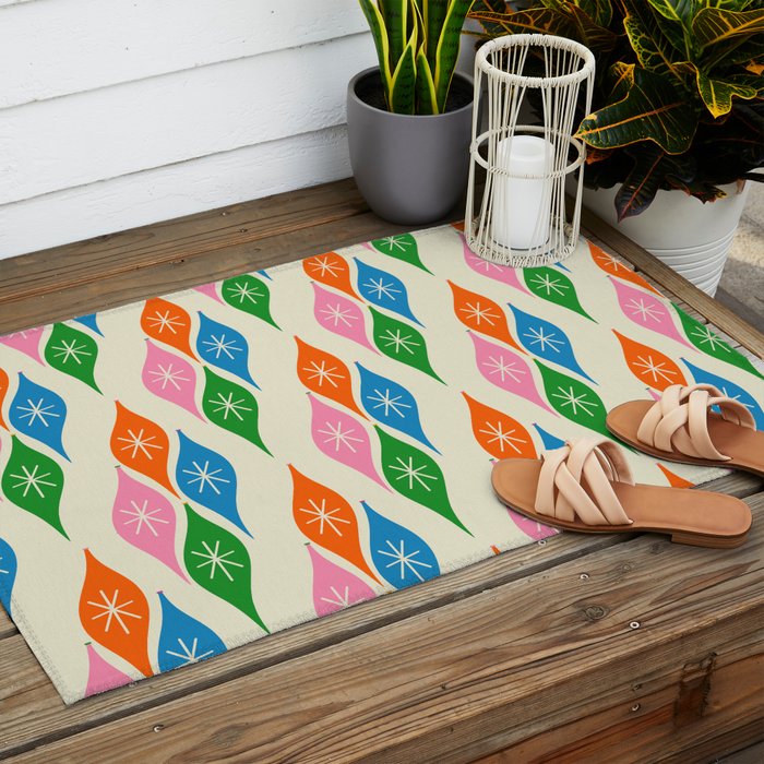 Colorful Christmas Mid Century Modern Retro Ornaments Atomic Pattern Outdoor Rug Gallery Image 2