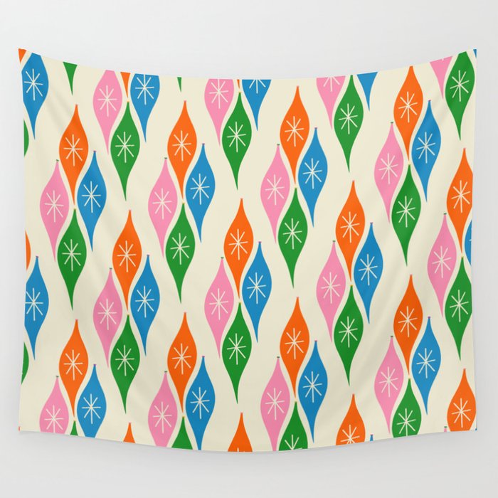 Colorful Christmas Mid Century Modern Retro Ornaments Atomic Pattern Wall Tapestry Gallery Image 4