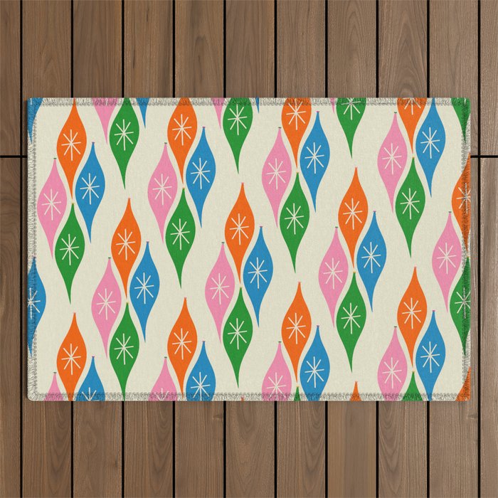 Colorful Christmas Mid Century Modern Retro Ornaments Atomic Pattern Outdoor Rug Gallery Image 1