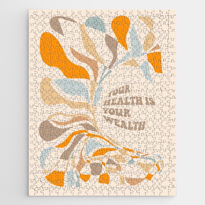 YOUR HEALTH IS YOUR WEALTH with Liquid retro abstract pattern in orange and blue Jigsaw Puzzle Gallery Image 1