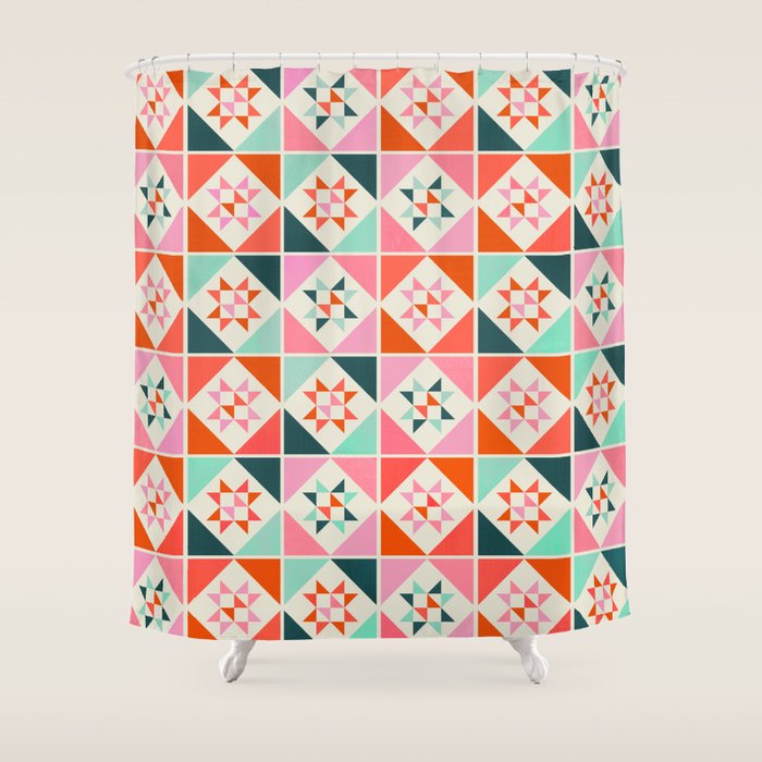 Festive Quilt Pattern in Pink, Red And Green Shower Curtain Gallery Image 1