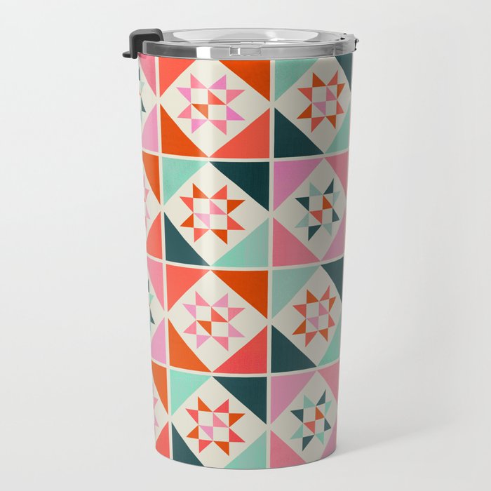 Festive Quilt Pattern in Pink, Red And Green Travel Mug Gallery Image 3
