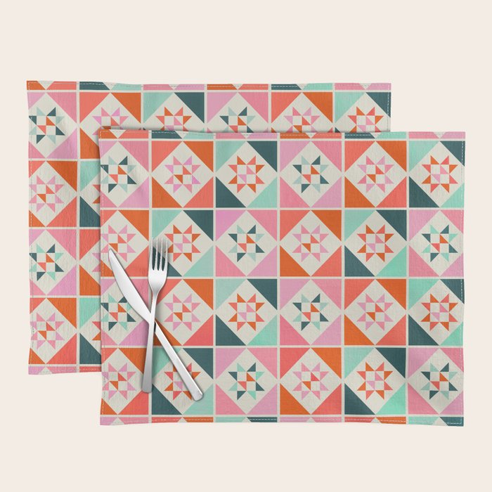 Festive Quilt Pattern in Pink, Red And Green Placemat Gallery Image 1