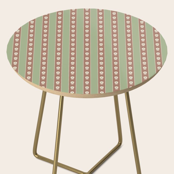 Cottage Stripes and Flowers Pattern in Earthy Sage Green and Mocha Brown Side Table Gallery Image 2