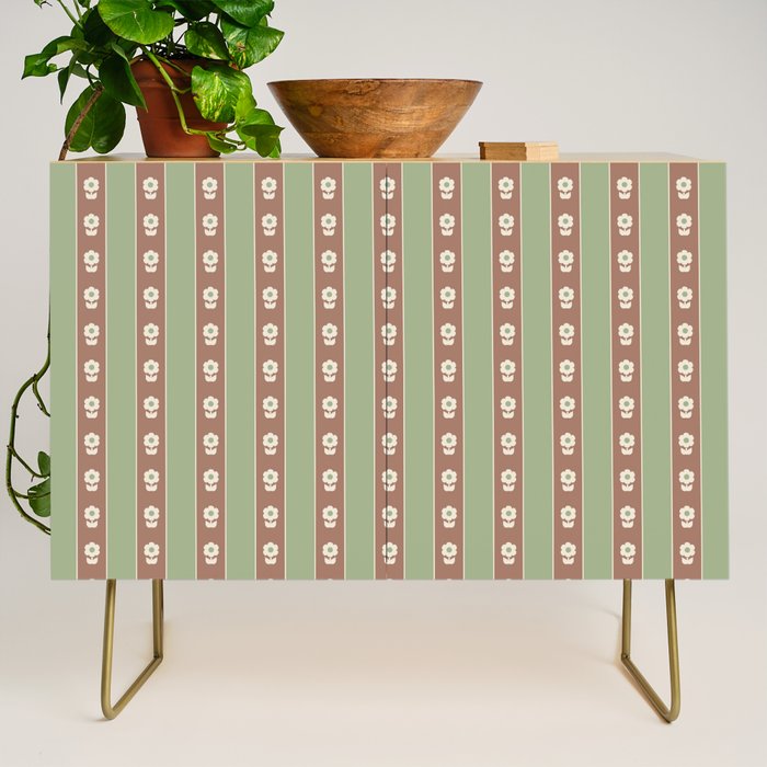 Cottage Stripes and Flowers Pattern in Earthy Sage Green and Mocha Brown Credenza Gallery Image 1