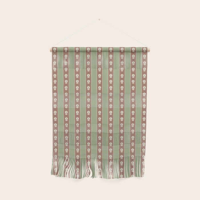 Cottage Stripes and Flowers Pattern in Earthy Sage Green and Mocha Brown Wall Hanging Gallery Image 1