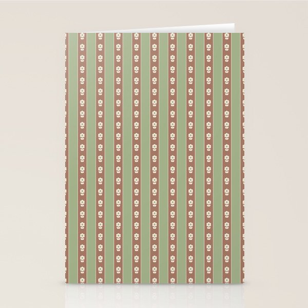 Cottage Stripes and Flowers Pattern in Earthy Sage Green and Mocha Brown Stationery Card Gallery Image 1