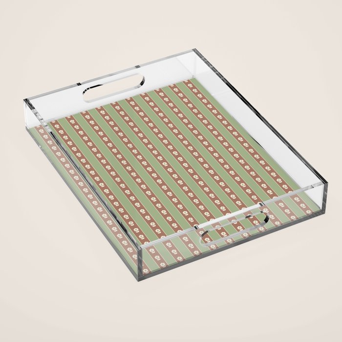 Cottage Stripes and Flowers Pattern in Earthy Sage Green and Mocha Brown Acrylic Tray Gallery Image 1