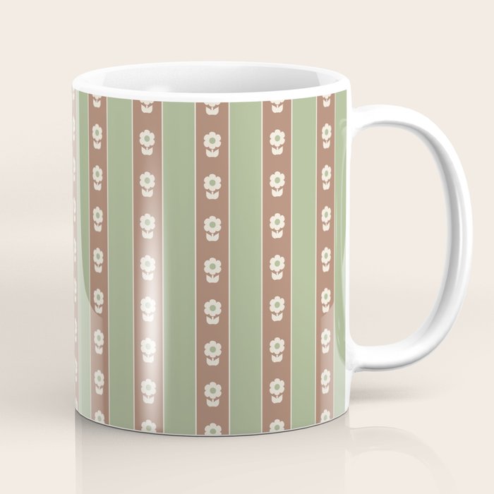 Cottage Stripes and Flowers Pattern in Earthy Sage Green and Mocha Brown Coffee Mug Gallery Image 1