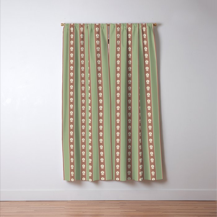 Cottage Stripes and Flowers Pattern in Earthy Sage Green and Mocha Brown Window Curtain Gallery Image 3