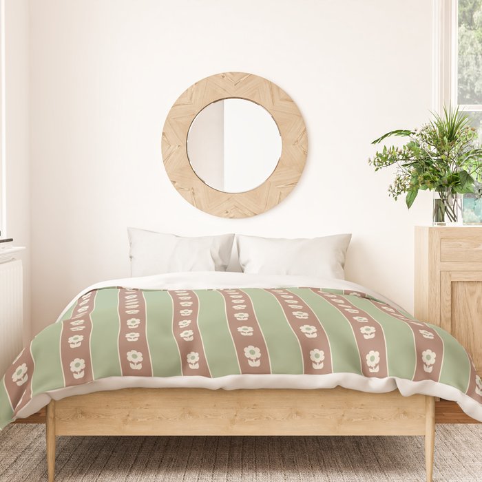 Cottage Stripes and Flowers Pattern in Earthy Sage Green and Mocha Brown Duvet Cover Gallery Image 3