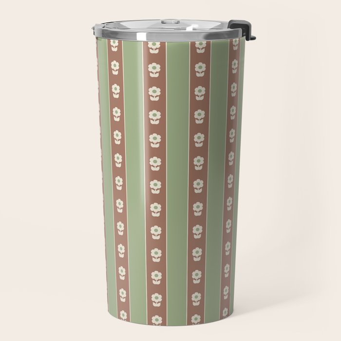 Cottage Stripes and Flowers Pattern in Earthy Sage Green and Mocha Brown Travel Mug Gallery Image 2