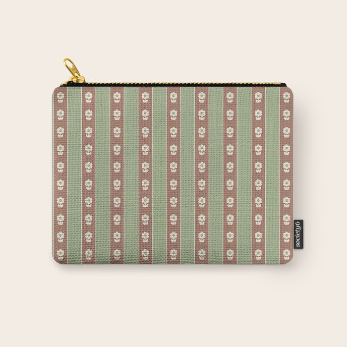Cottage Stripes and Flowers Pattern in Earthy Sage Green and Mocha Brown Carry All Pouch Gallery Image 1