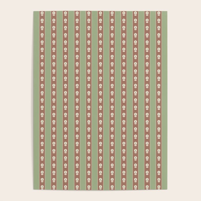 Cottage Stripes and Flowers Pattern in Earthy Sage Green and Mocha Brown Poster Gallery Image 4