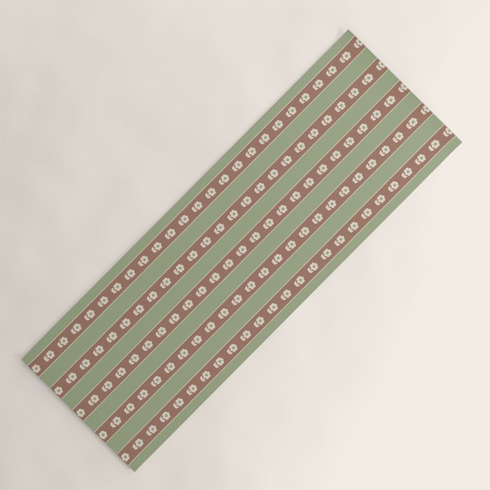 Cottage Stripes and Flowers Pattern in Earthy Sage Green and Mocha Brown Yoga Mat Gallery Image 1