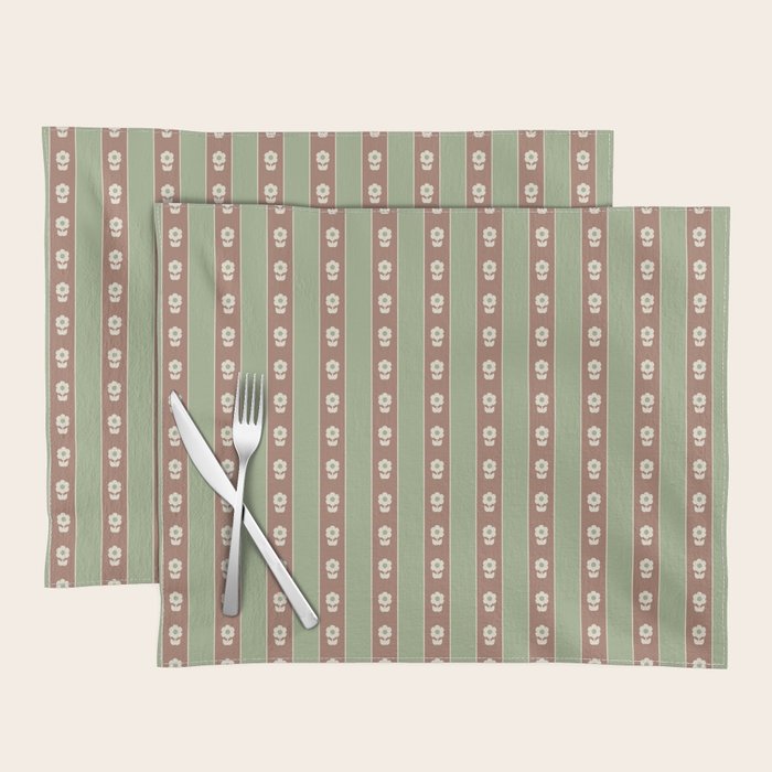 Cottage Stripes and Flowers Pattern in Earthy Sage Green and Mocha Brown Placemat Gallery Image 1