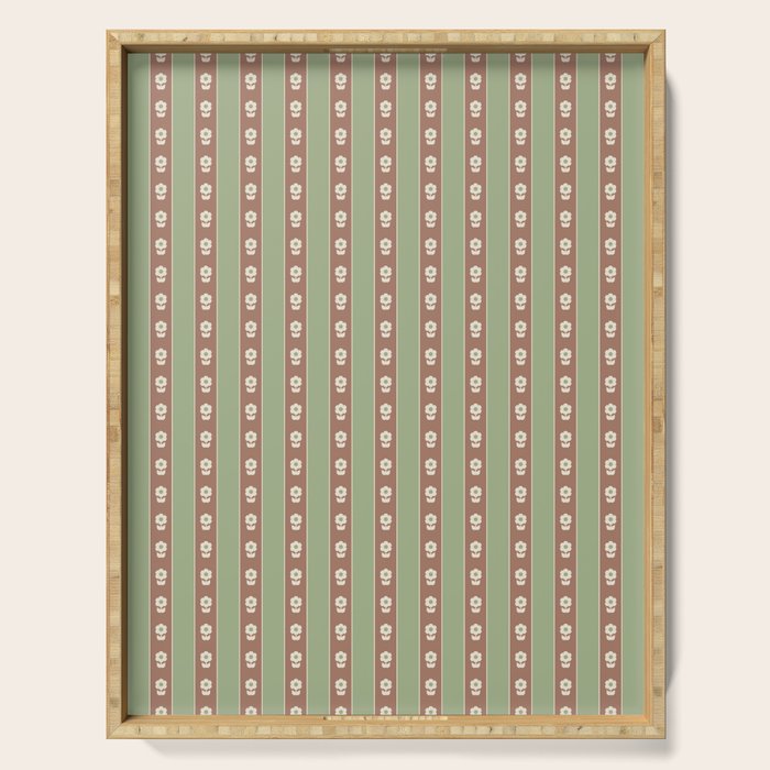 Cottage Stripes and Flowers Pattern in Earthy Sage Green and Mocha Brown Serving Tray Gallery Image 1