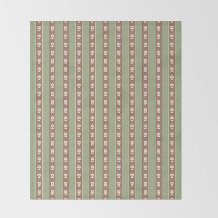Cottage Stripes and Flowers Pattern in Earthy Sage Green and Mocha Brown Throw Blanket Gallery Image 2