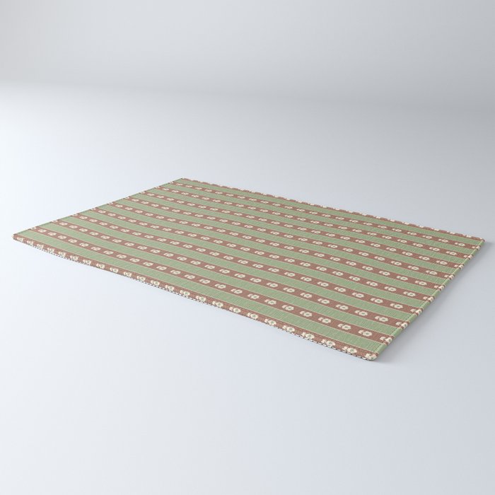 Cottage Stripes and Flowers Pattern in Earthy Sage Green and Mocha Brown Rug Gallery Image 3