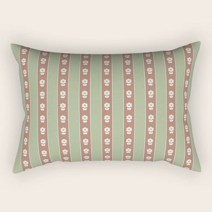 Cottage Stripes and Flowers Pattern in Earthy Sage Green and Mocha Brown Rectangular Pillow Gallery Image 2