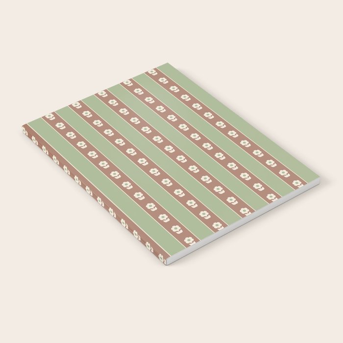 Cottage Stripes and Flowers Pattern in Earthy Sage Green and Mocha Brown Notebook Gallery Image 2