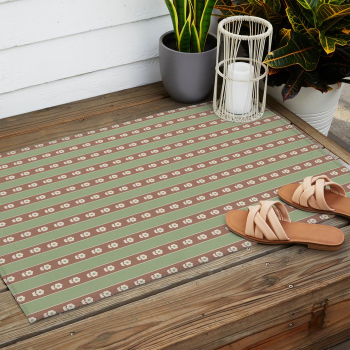 Cottage Stripes and Flowers Pattern in Earthy Sage Green and Mocha Brown Outdoor Rug Gallery Image 2