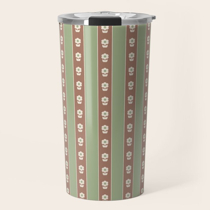Cottage Stripes and Flowers Pattern in Earthy Sage Green and Mocha Brown Travel Mug Gallery Image 1