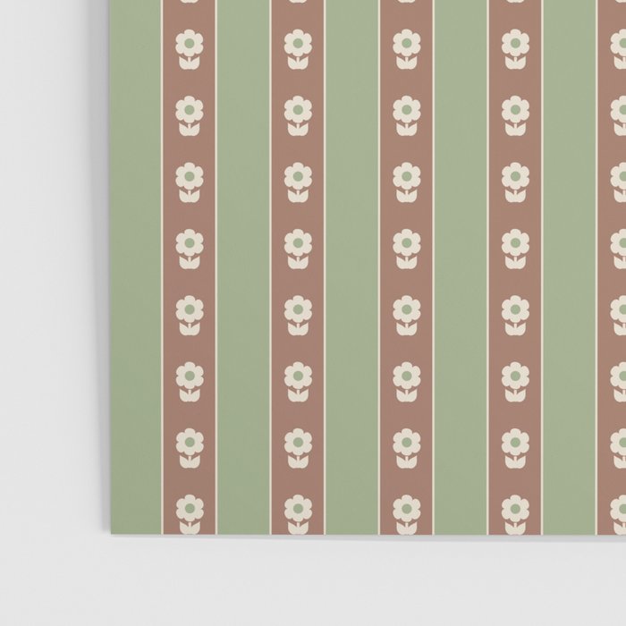 Cottage Stripes and Flowers Pattern in Earthy Sage Green and Mocha Brown Poster Gallery Image 3