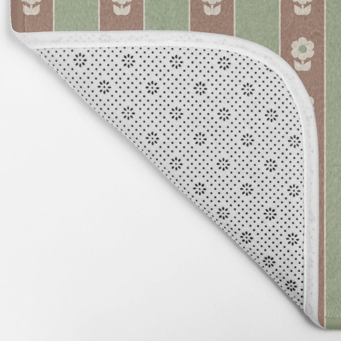 Cottage Stripes and Flowers Pattern in Earthy Sage Green and Mocha Brown Bath Mat Gallery Image 2