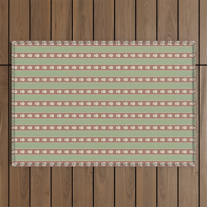 Cottage Stripes and Flowers Pattern in Earthy Sage Green and Mocha Brown Outdoor Rug Gallery Image 1