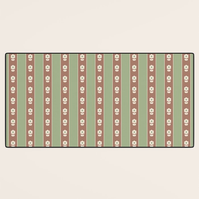 Cottage Stripes and Flowers Pattern in Earthy Sage Green and Mocha Brown Desk Mat Gallery Image 3