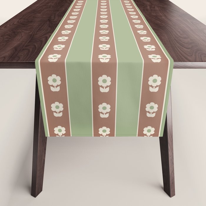 Cottage Stripes and Flowers Pattern in Earthy Sage Green and Mocha Brown Table Runner Gallery Image 1